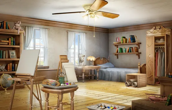 Art, room, artist, furniture, workshop, easels