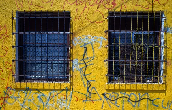 Yellow, house, labels, wall, graffiti, the building, Windows, texture