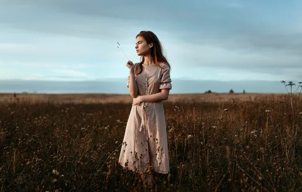 Girl, dress, a blade of grass, in the field, Juliana Naidenova