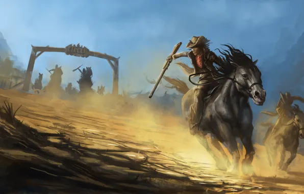 Picture weapons, chase, horse, the bandits, painting, cowboys, hats