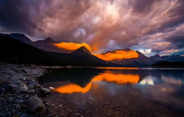 Picture the sky, trees, sunset, mountains, clouds, nature, lake, rocks