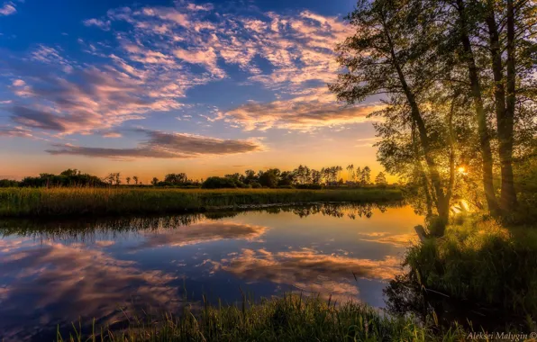 The sky, trees, sunset, reflection, river, Aleksei Malygin