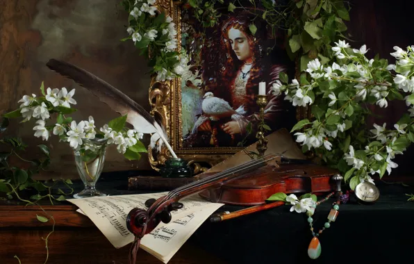 Branches, notes, pen, violin, glass, portrait, picture, Jasmine