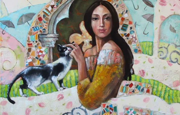 Cat, girl, mosaic, patterns, paint, curls, picture, art