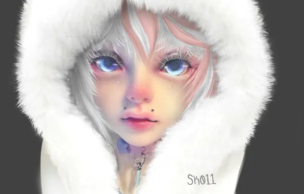 Picture face, eyelashes, piercing, hood, blue eyes, art, white fur, portrait of a girl