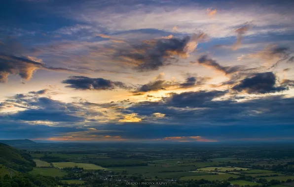 The sky, clouds, landscape, nature, hills, field, horizon, forest