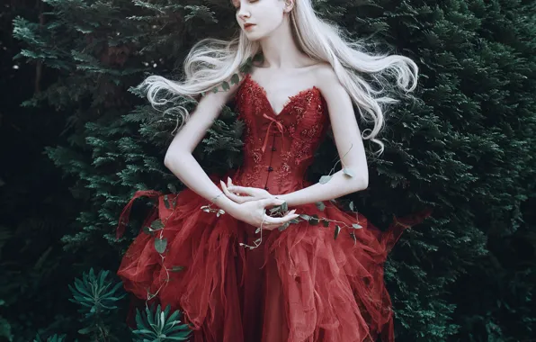 Girl, pose, style, mood, hands, red dress, Princess, the bushes