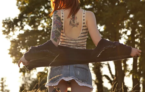 Red, girl, sexy, eyes, model, tattoo, face, body