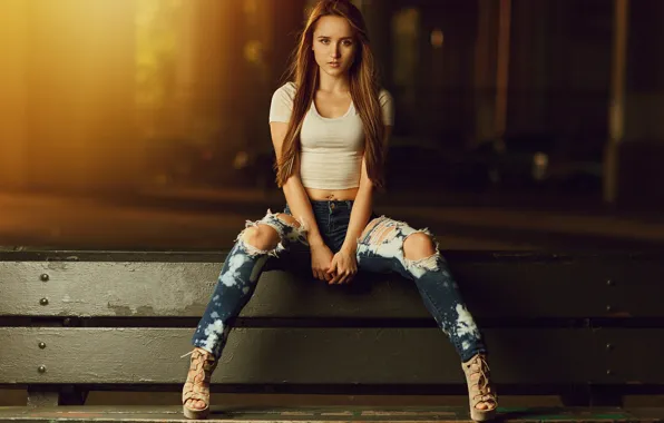 Girl, light, bench, night, pose, Mike, hairstyle, shoes