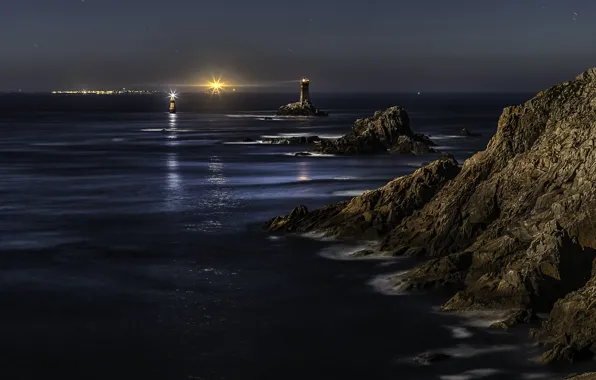 Sea, light, landscape, night, nature, stones, rocks, France