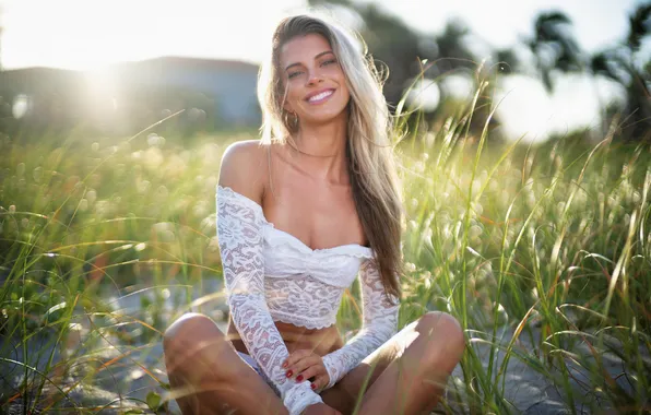 Girl, summer, grass, happy, smile, bokeh, look, blonde