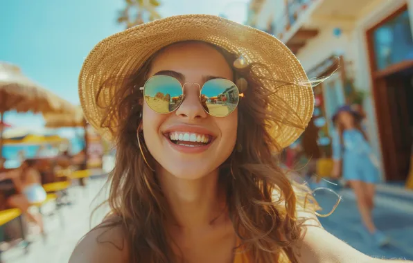 Look, girl, face, smile, portrait, hat, tourism, selfie