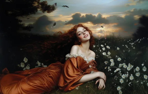 Field, summer, the sky, look, girl, clouds, sunset, flowers