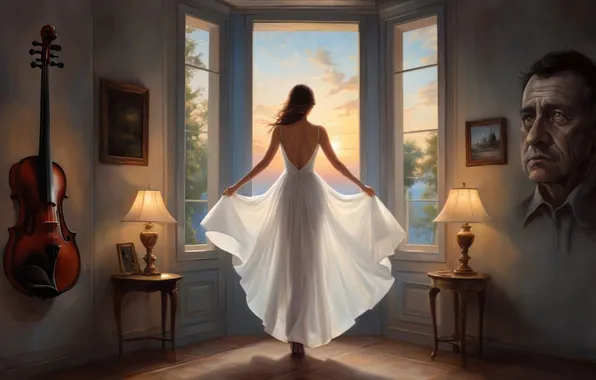Girl, interior, window, pictures, lamps