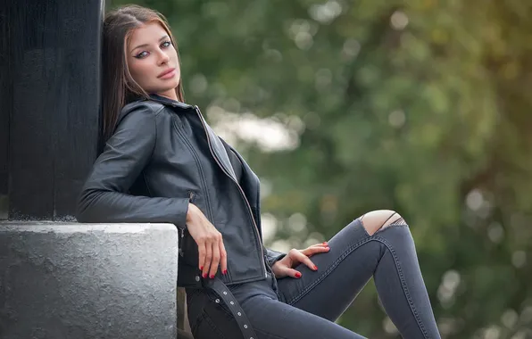 Picture girl, model, jeans, brunette, sitting, leather jacket, looking at viewer, women outdoors