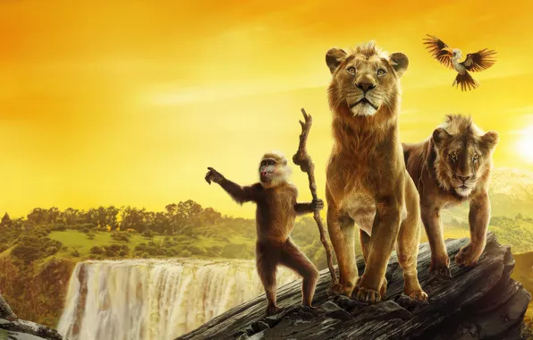 Landscape, animals, bird, cartoon, waterfall, monkey, lions, poster
