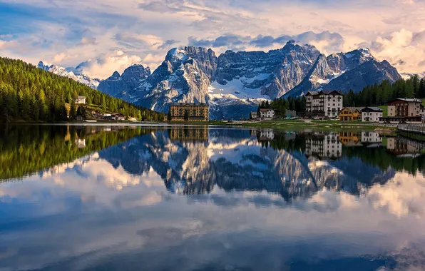Forest, Italy, nature, mountains, lake, reflection, snowy mountain