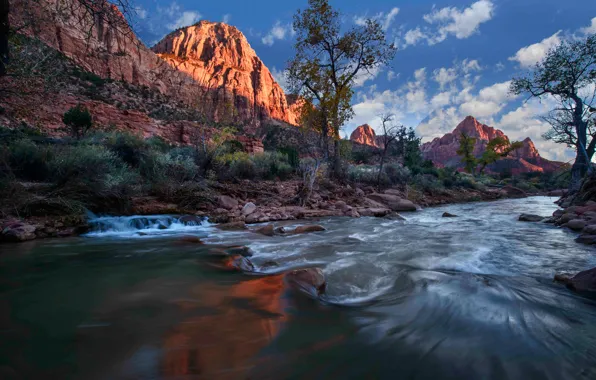 The sky, clouds, trees, sunset, mountains, river, stones, stream