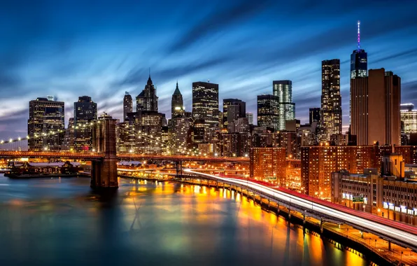 Road, night, the city, lights, river, building, New York, skyscrapers