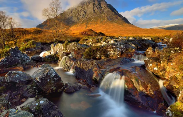 The sky, the sun, clouds, trees, stream, stones, mountain, moss