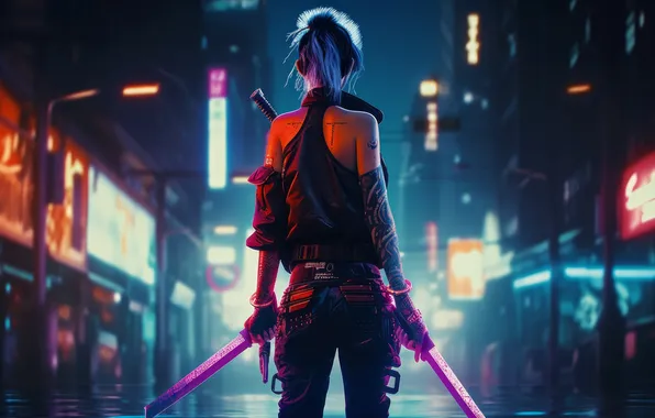 City, ponytail, katana, street, neon, cyberpunk, women, AI art