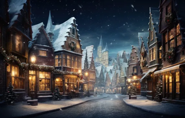 Winter, snow, the city, house, building, home, Christmas, New year