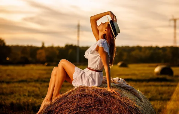 Field, summer, girl, pose, mood, hat, dress, hay