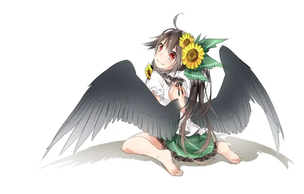 Sunflowers, back, shadow, white background, sitting, touhou, art, barefoot