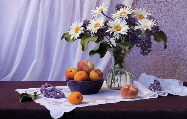 Bouquet, picture, art, painting, peaches, daisies, lilac, the table