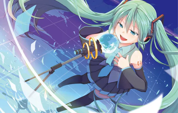 Water, girl, joy, headphones, microphone, vocaloid, hatsune miku, Vocaloid