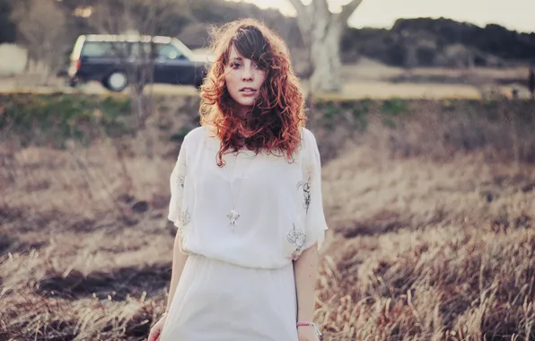 Road, machine, look, girl, trees, redhead, bokeh