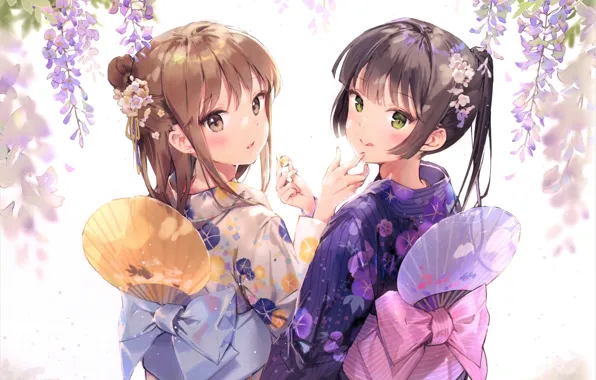 Fan, kimono, friend, flower in hair, bangs, kimono, Wisteria, sideways