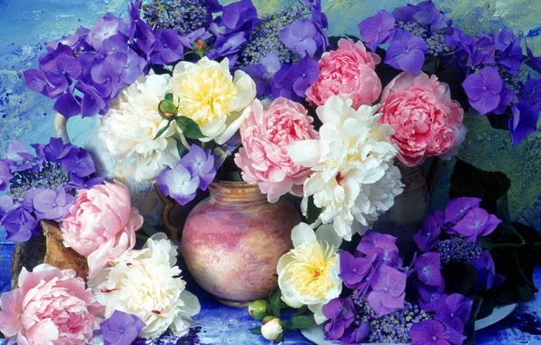 Picture flowers, wall, bouquet, vase, lilac, peonies, hydrangea