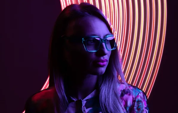 Girl, Look, Neon, Glasses, Beautiful Eyes