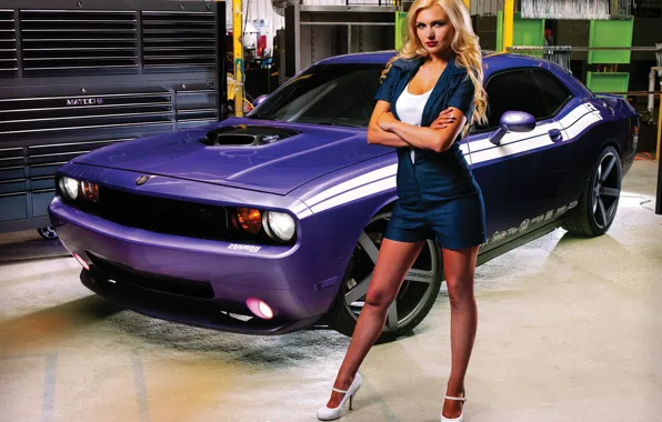Wallpaper auto, look, Girls, garage, Dodge, beautiful blonde, on the car posing