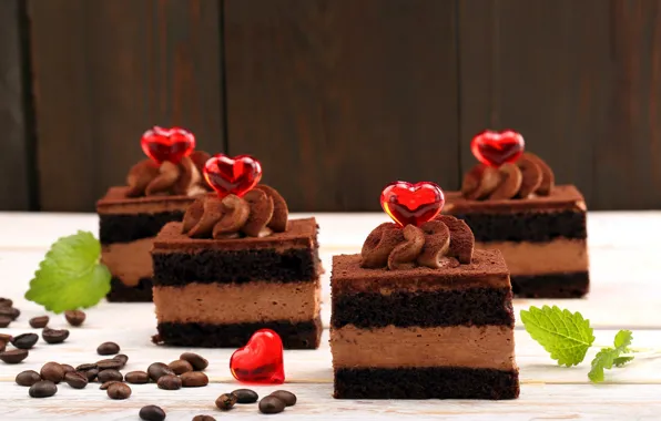 Picture coffee, food, chocolate, hearts, cake, mint, cream, sweet