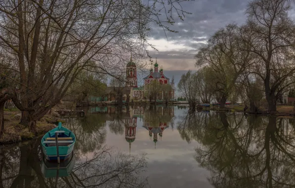 Picture landscape, nature, reflection, river, boat, spring, temple, Pereslavl-Zalesskiy