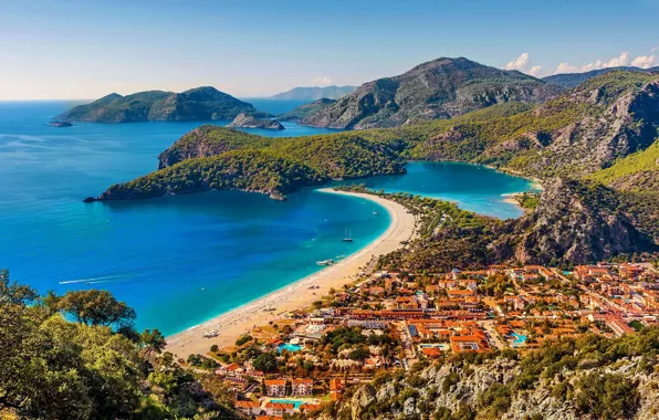 Picture sea, beach, mountains, island, home, Turkey, Fethiye