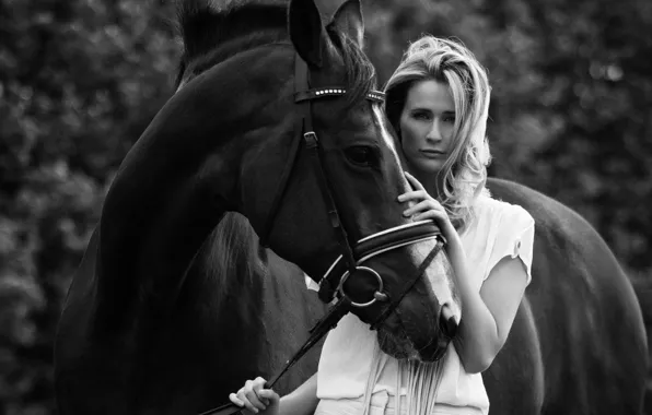 Girl, photo, animal, horse, model, horse, black and white