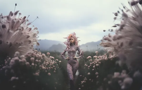 Field, girl, clouds, flowers, mountains, nature, pose, fog