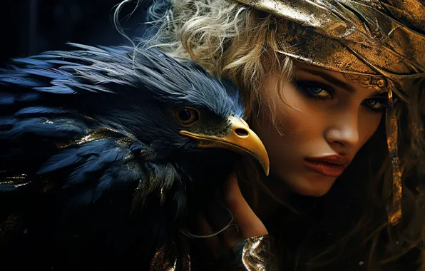 Look, girl, face, the dark background, fantasy, bird, eagle, portrait