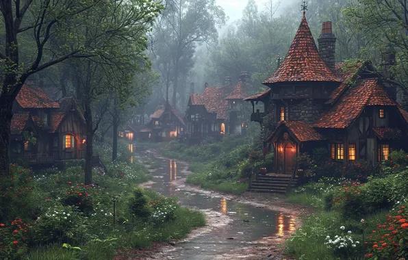 Flowers, tale, village, puddles, houses, path, fabulous, AI art