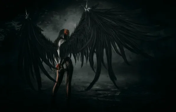 Picture void, darkness, fallen angel, black wings, damn place