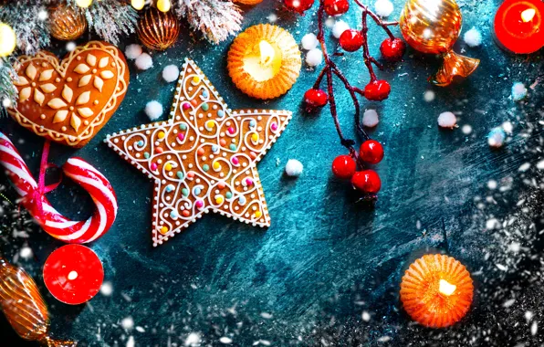 Picture background, holiday, star, candles, cookies, candy