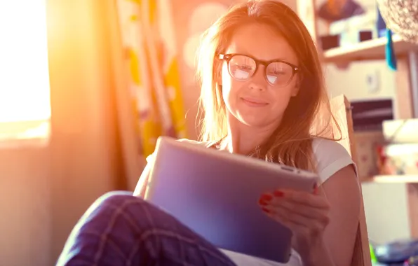 Picture relax, woman, sun, tranquility, happiness, technology, Tablet, reading glasses