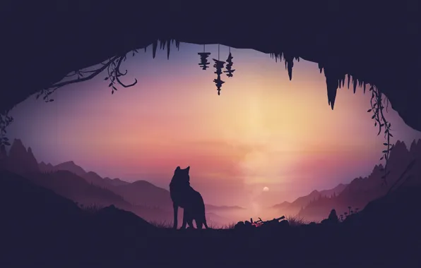 Picture fantasy, sunset, art, wolf