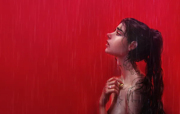 Red, Drops, Girl, Minimalism, Rain, Style, Girl, Background