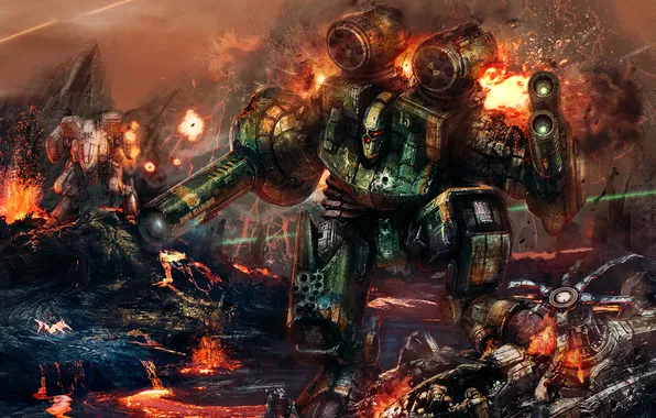 Fire, war, robot, explosions, the volcano, soldiers, lava, combat