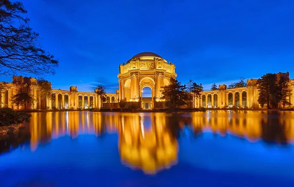 Picture the sky, night, lights, San Francisco, USA, architecture, pond, arcade