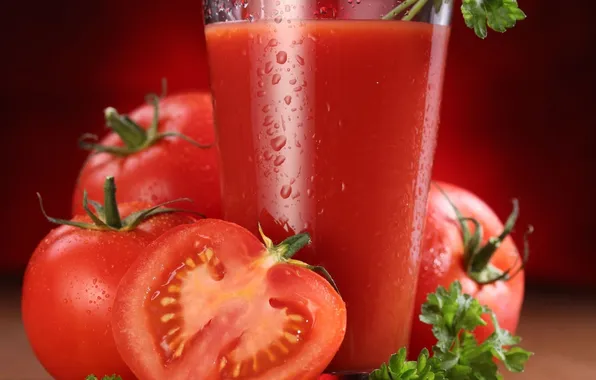 Glass, tomatoes, parsley, tomatoes, tomato juice